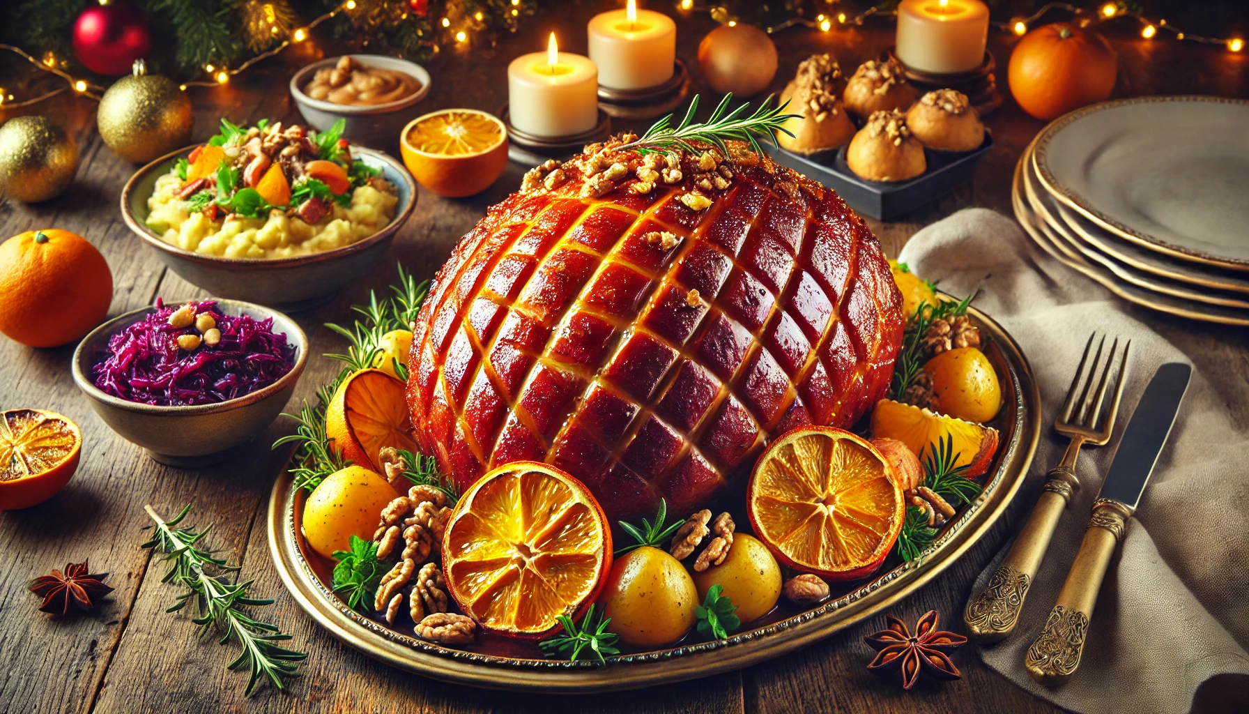 Juleskinke med Appelsin-Gløgg-Glasering og Karamelliserede Valnødder