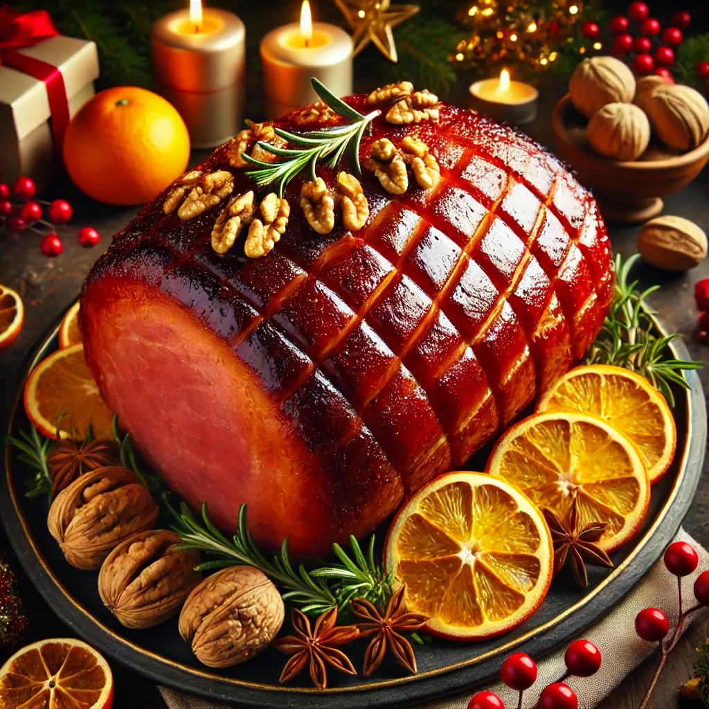 Juleskinke med Appelsin-Gløgg-Glasering og Karamelliserede Valnødder