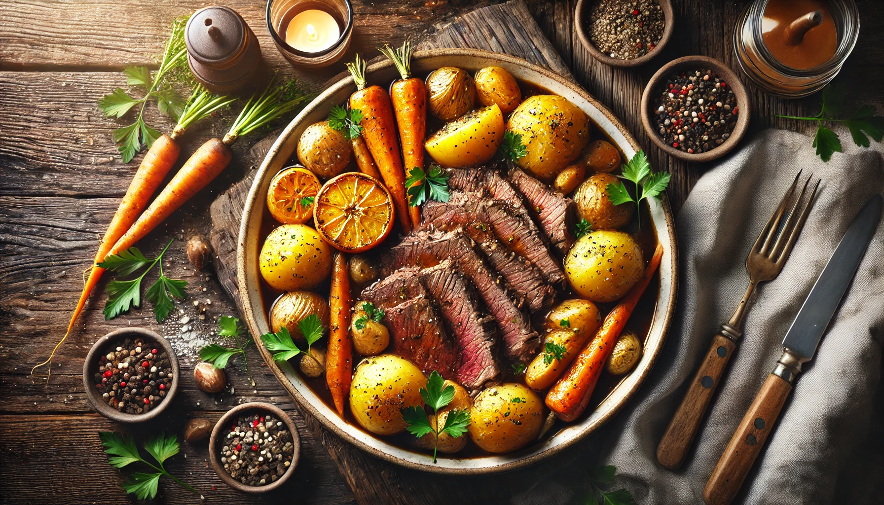 Gammeldags Oksesteg med Brun Sauce og Rodfrugter